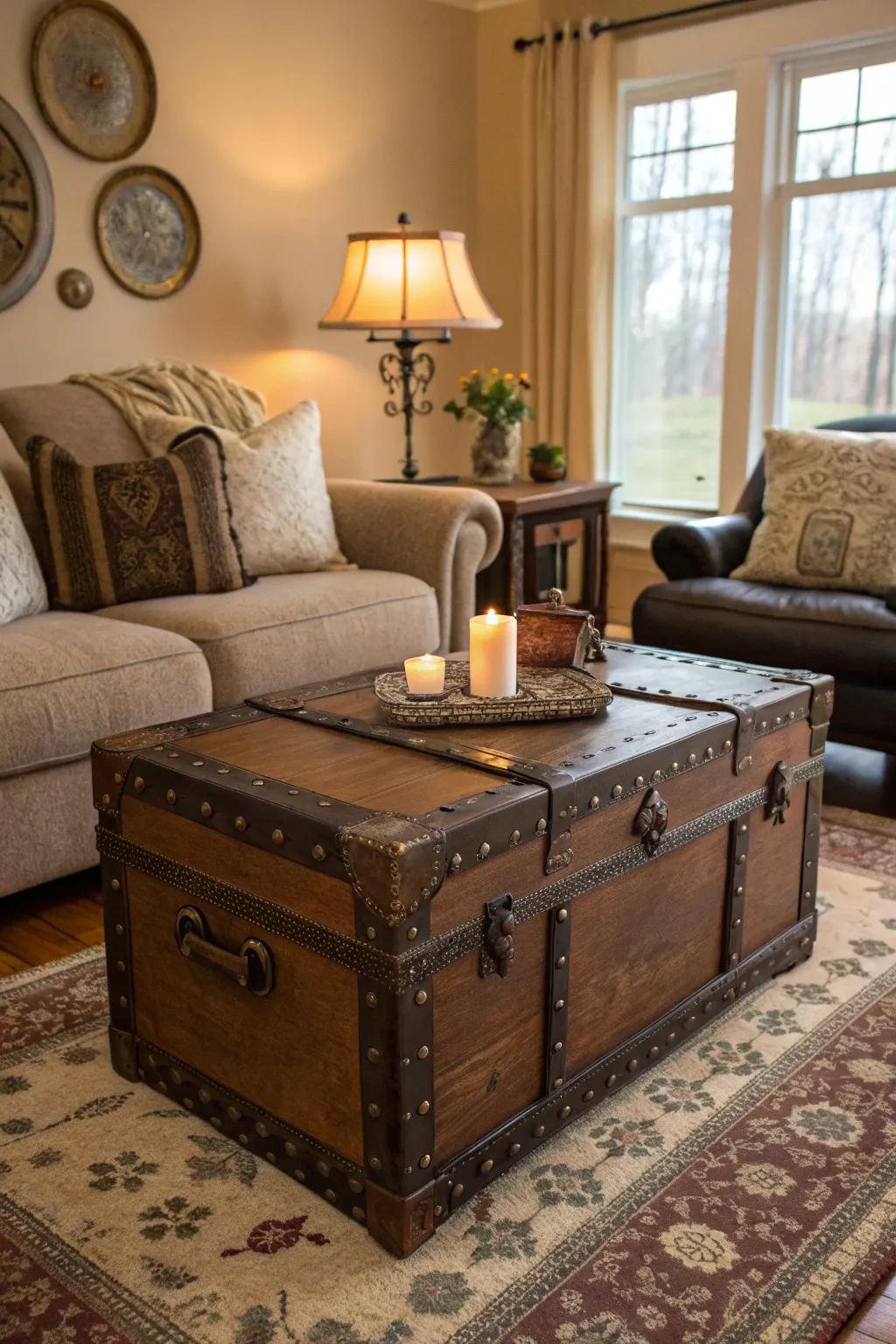 An antique trunk adds functionality and style as a coffee table.