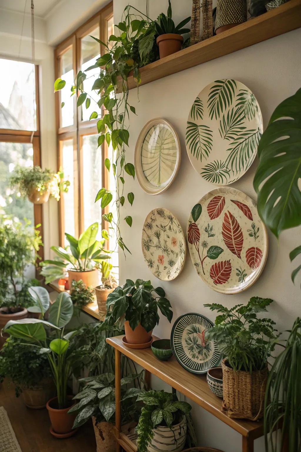 Botanical-patterned plates paired with lush greenery create a fresh look.