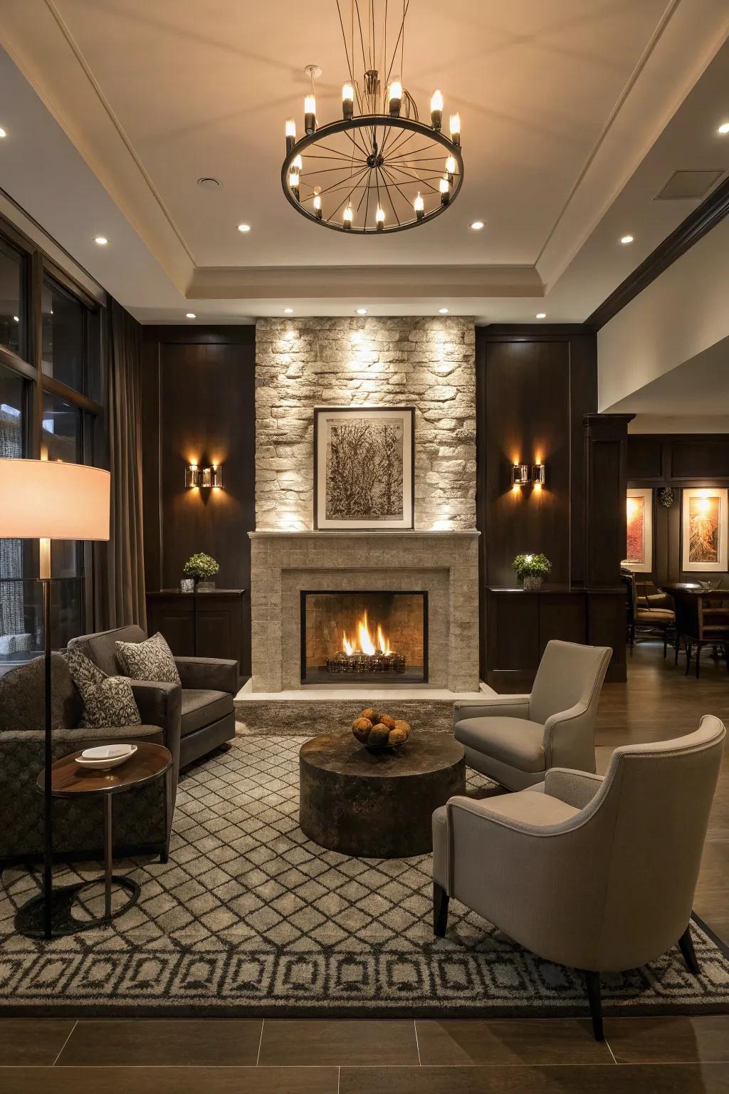 A central fireplace brings in warmth and elegance.