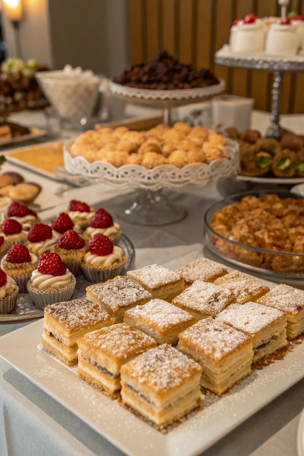 A sweets table with cakes and pastries dusted with crushed graham crackers.