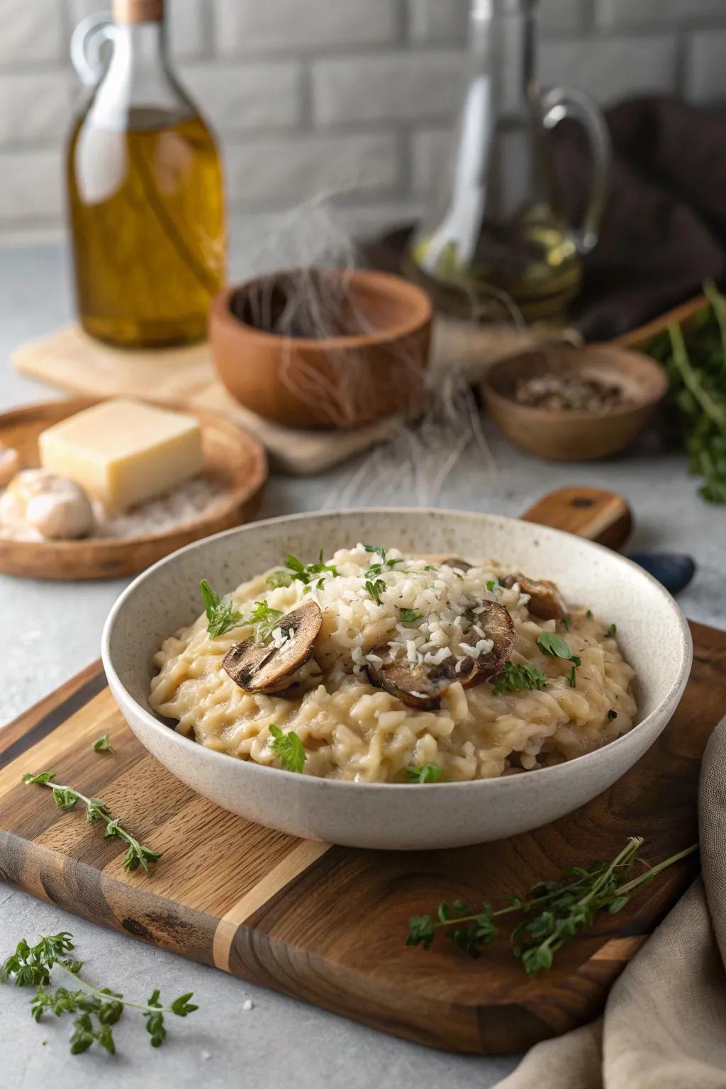 A bowl of creamy mushroom risotto garnished with Parmesan.