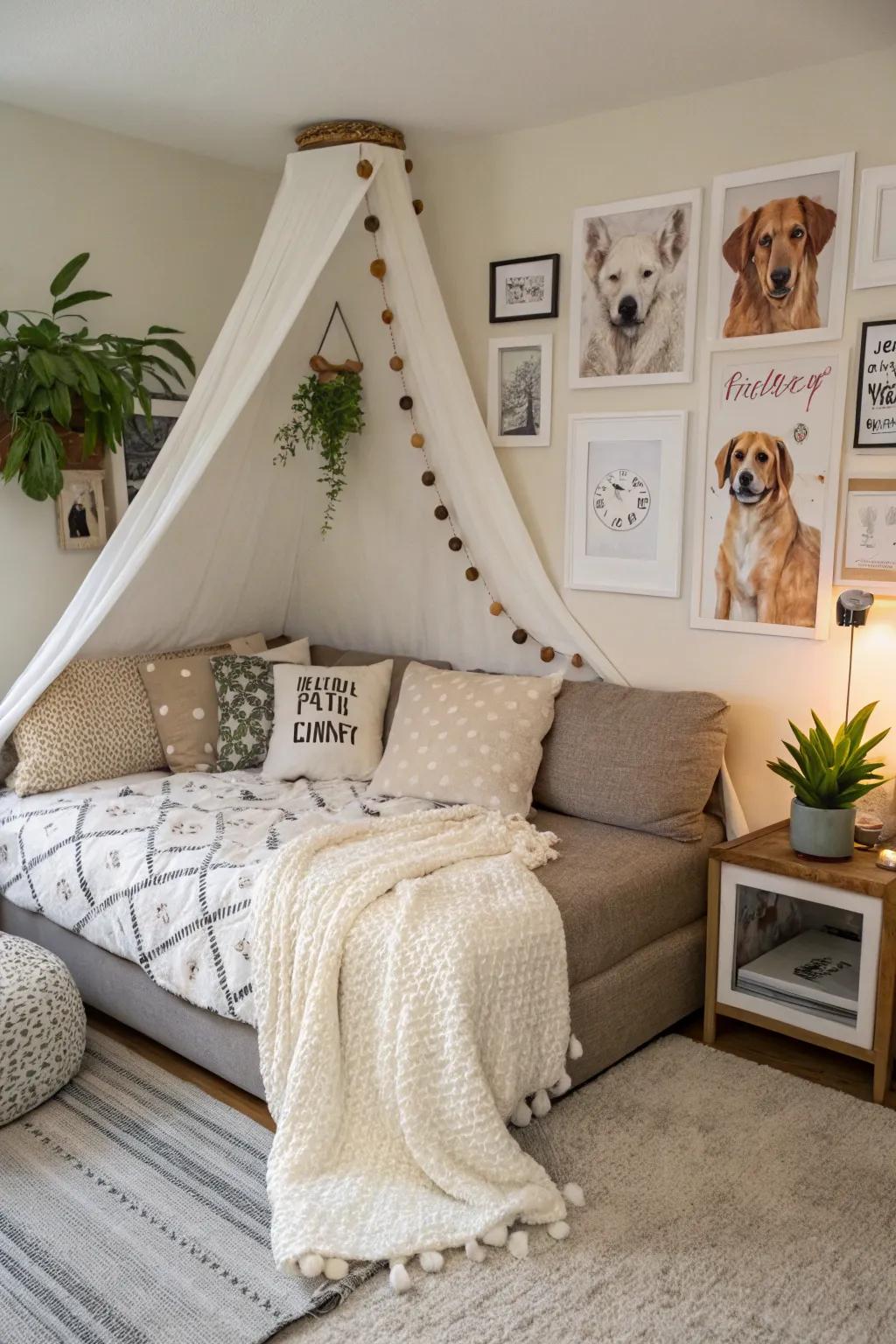 An artful dog corner showcasing themed artistry and a plush bed to cultivate a snug space.