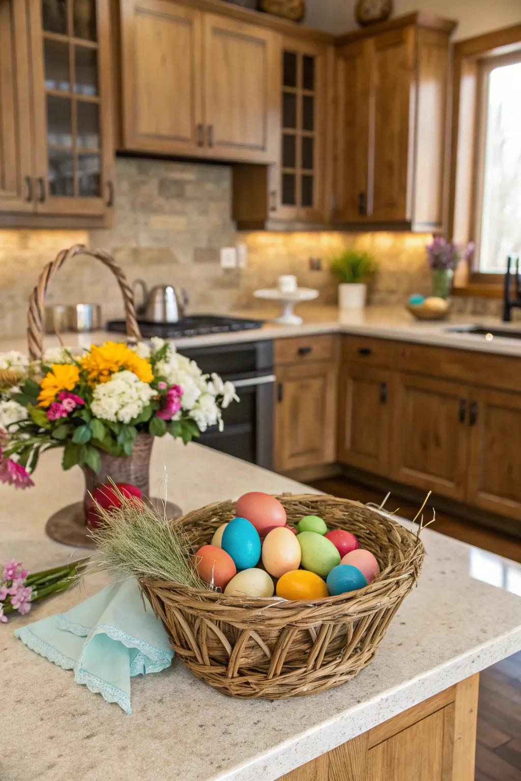 A striking arrangement of colorful Easter eggs graces the kitchen island.
