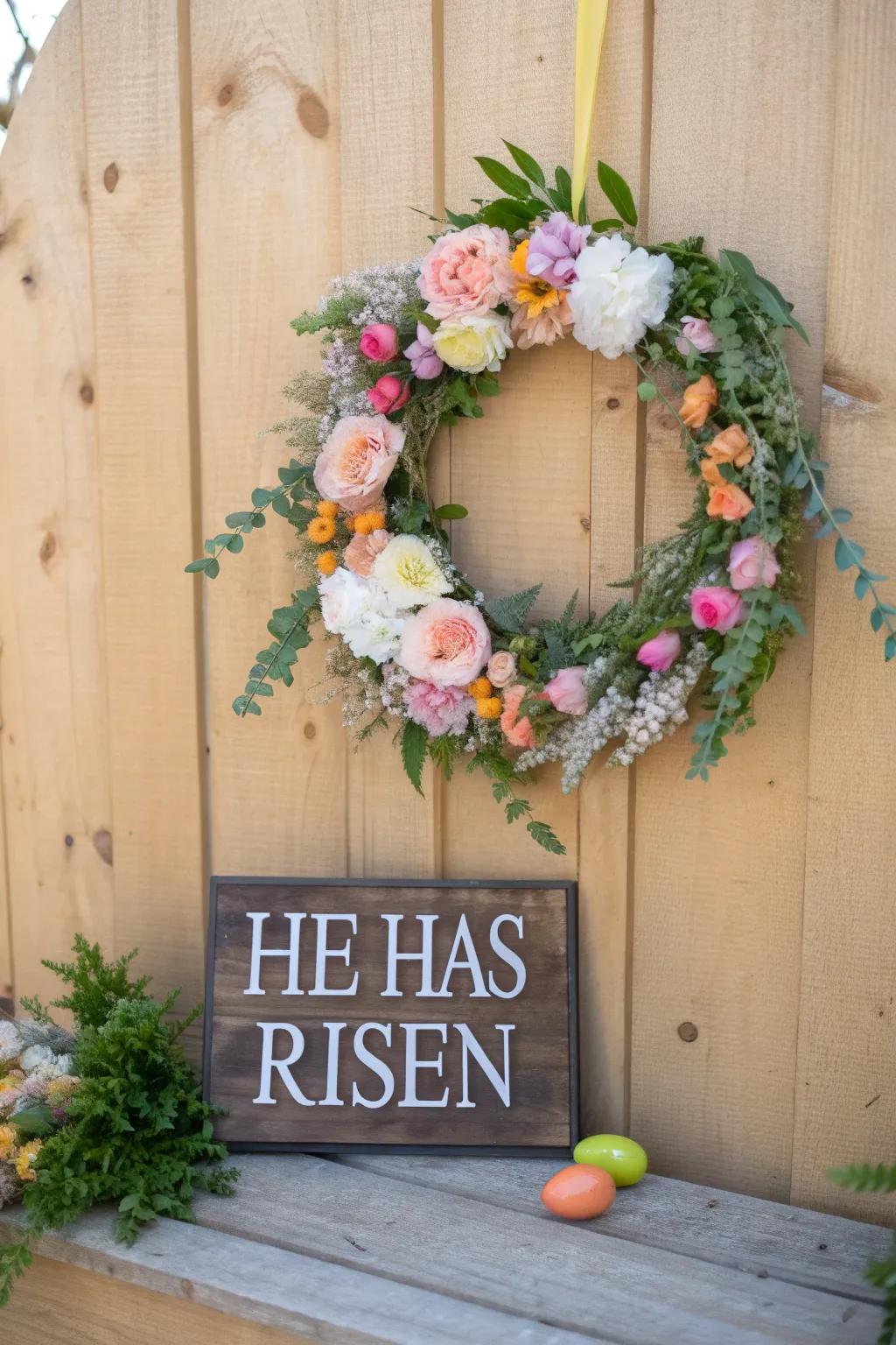 A beautiful Easter wreath with a floral garland and a meaningful message for the season.