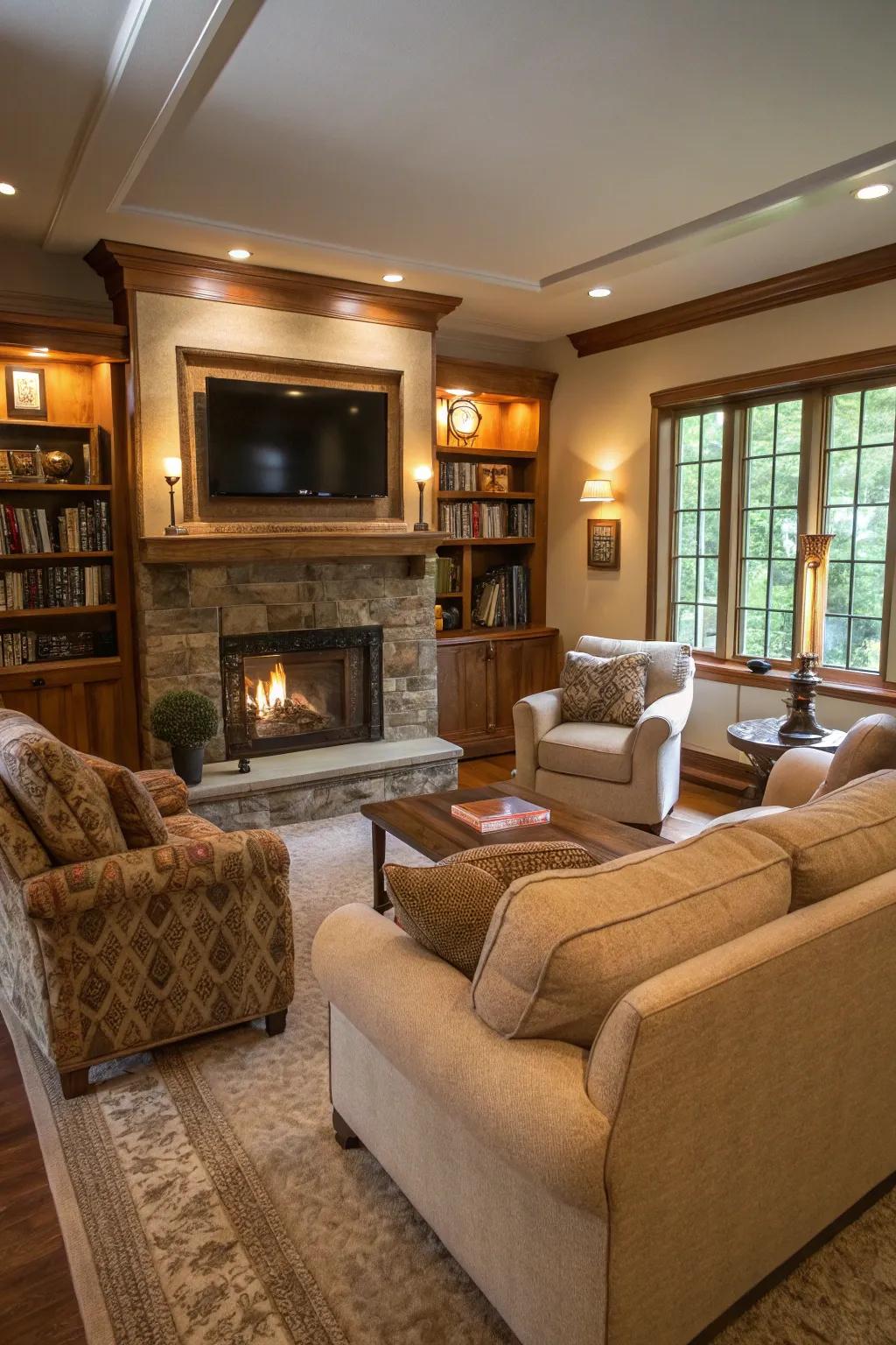 Create a cozy seating area around your fireplace and TV for ultimate comfort.