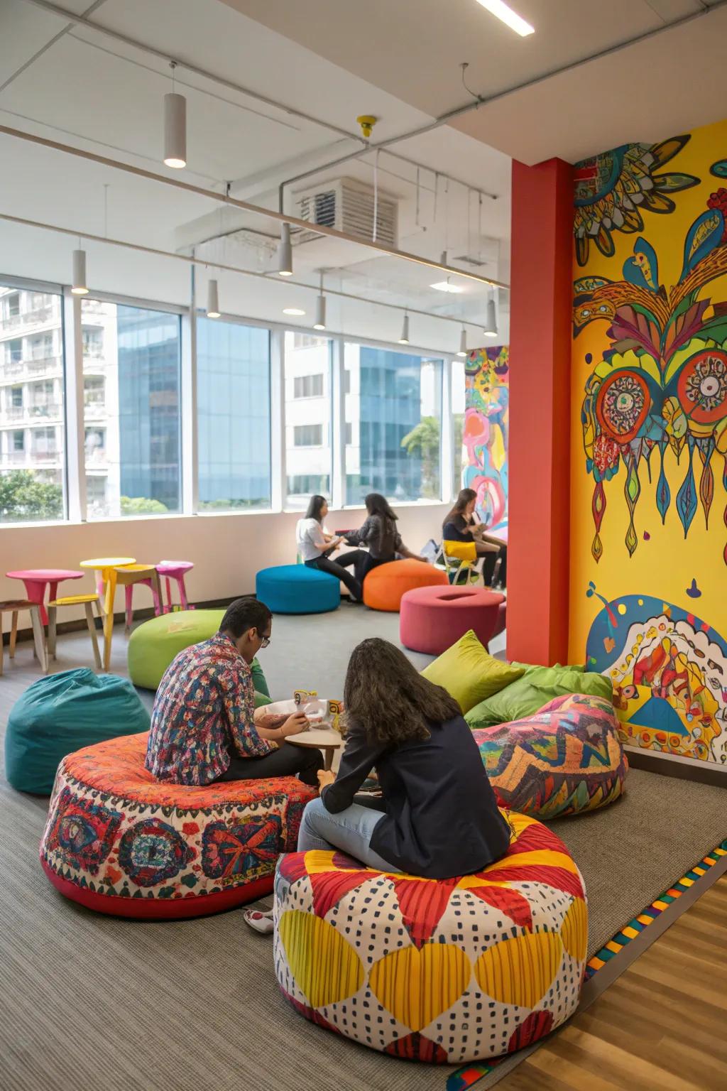 Bold colors invigorate this lively break room.