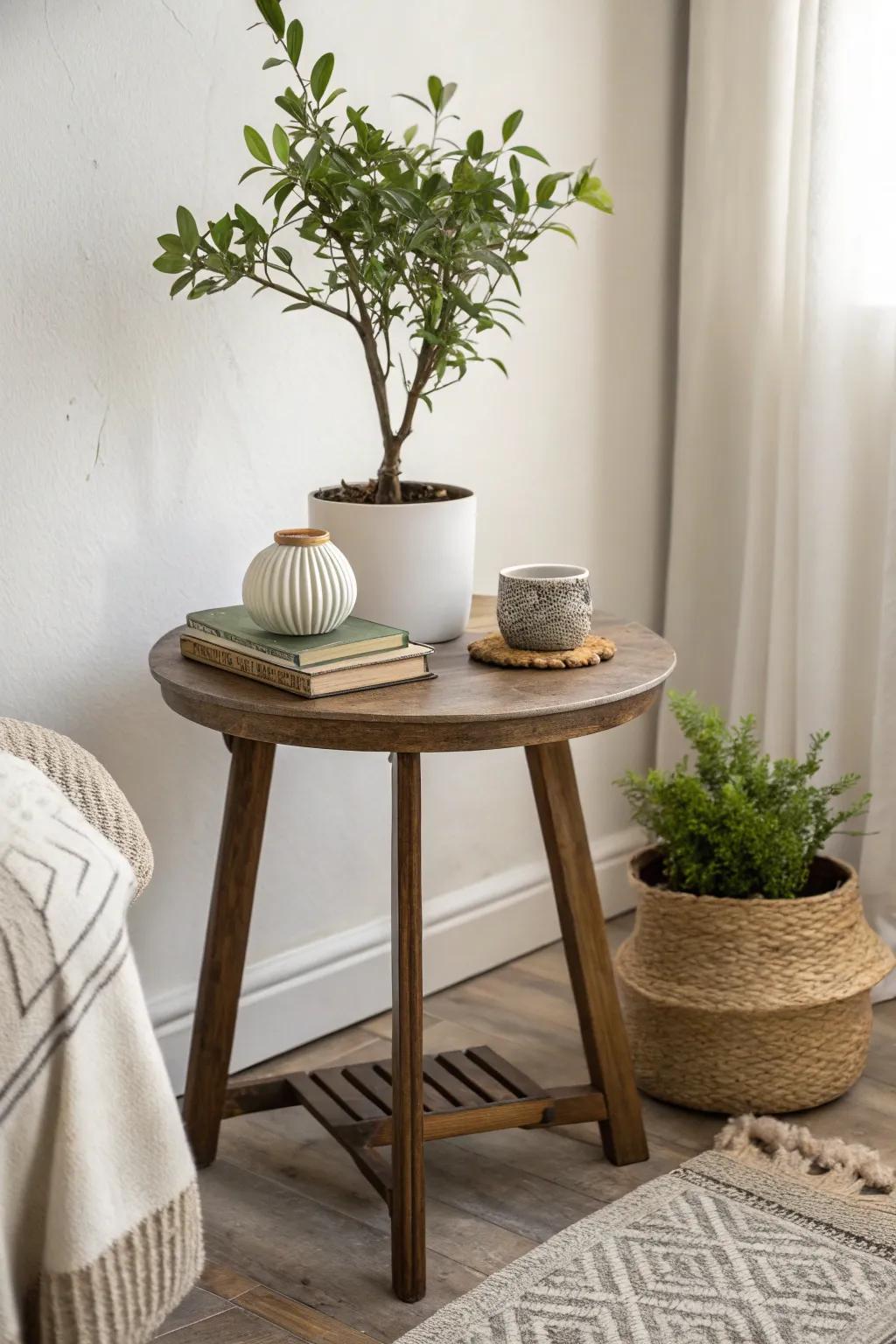 A touch of greenery with a potted plant on an end table.