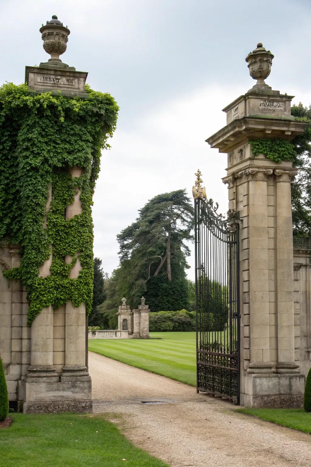 Stone pillars add a majestic touch to entrance gates.