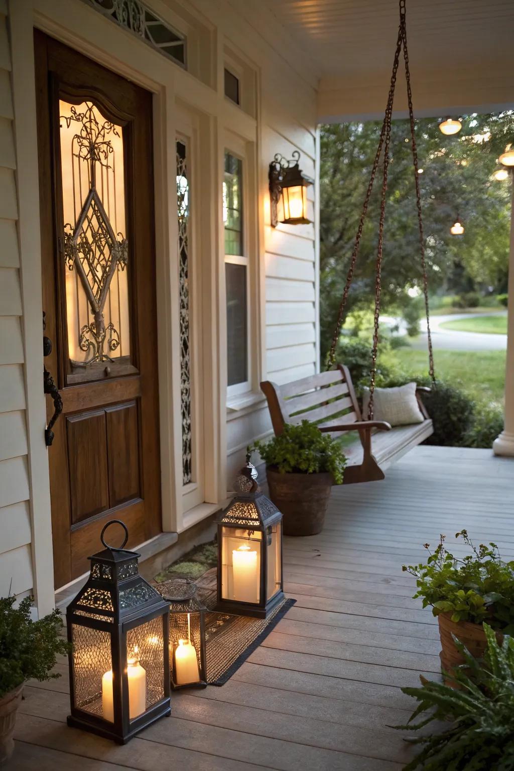 Beacons lend a warm, inviting glow to an autumn-inspired entryway.