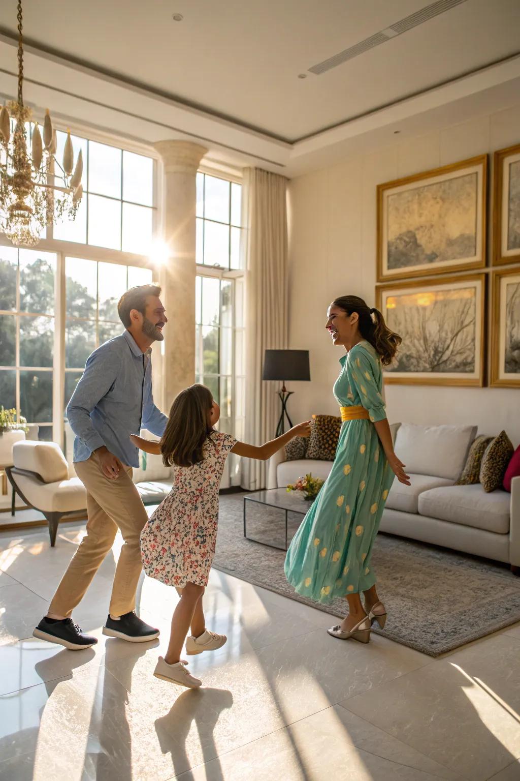 A family room dance celebration captures the vibrant essence of your family.
