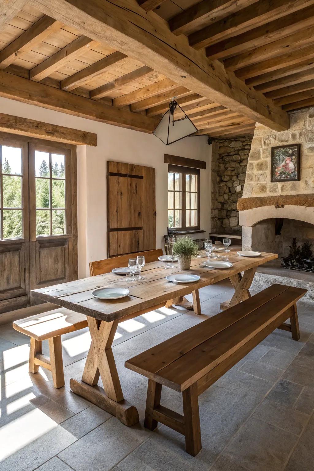 A wooden bench provides communal seating in this inviting farmhouse dining room.