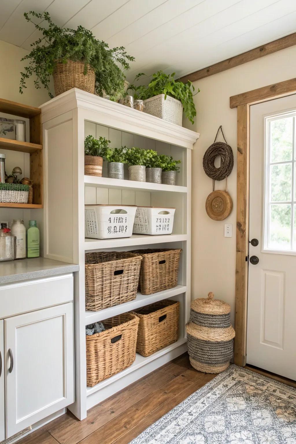 Open shelving adds both style and functionality to this farmhouse laundry room.