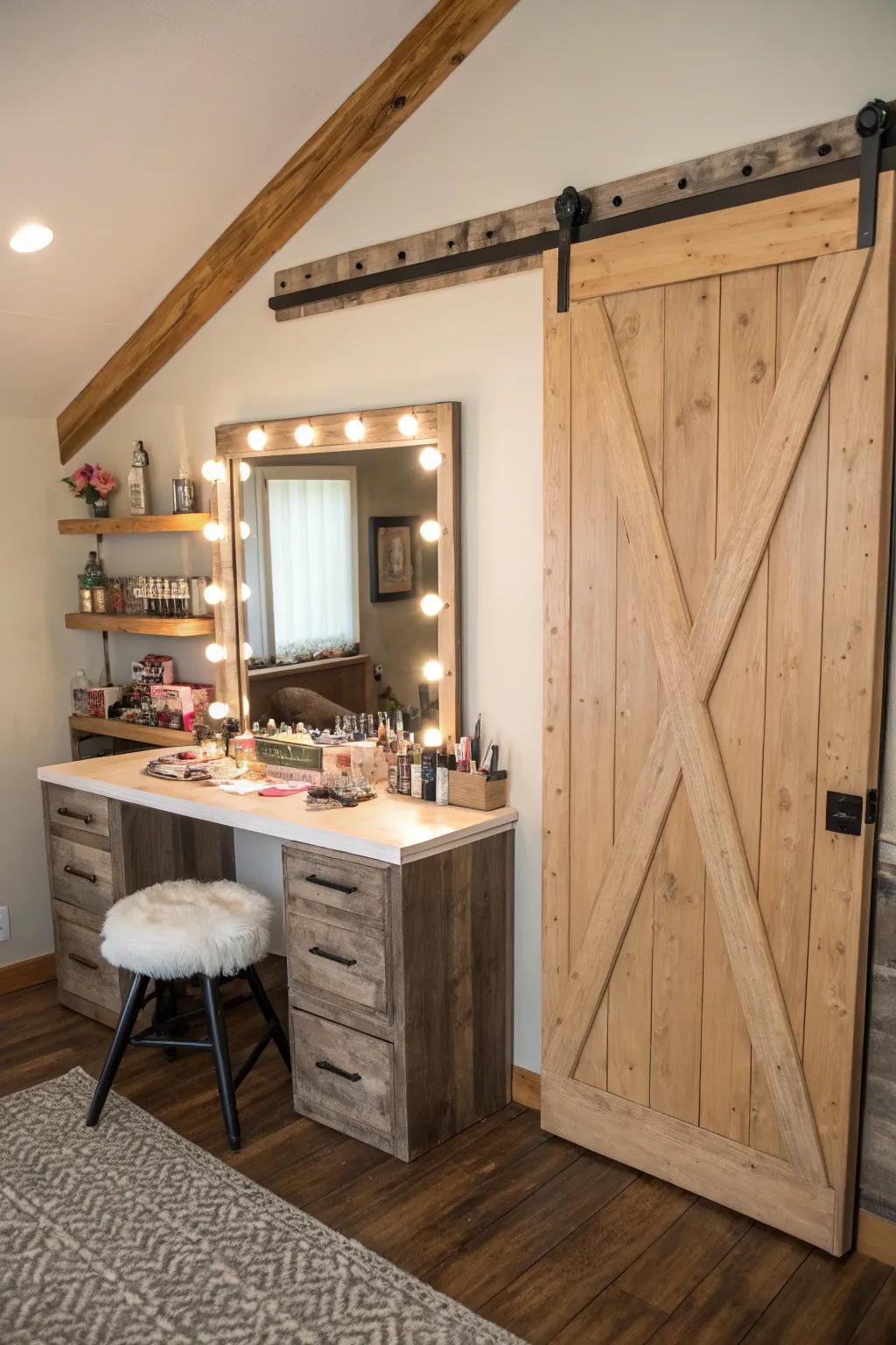 Sliding barn doors contribute rural charm and practicality.