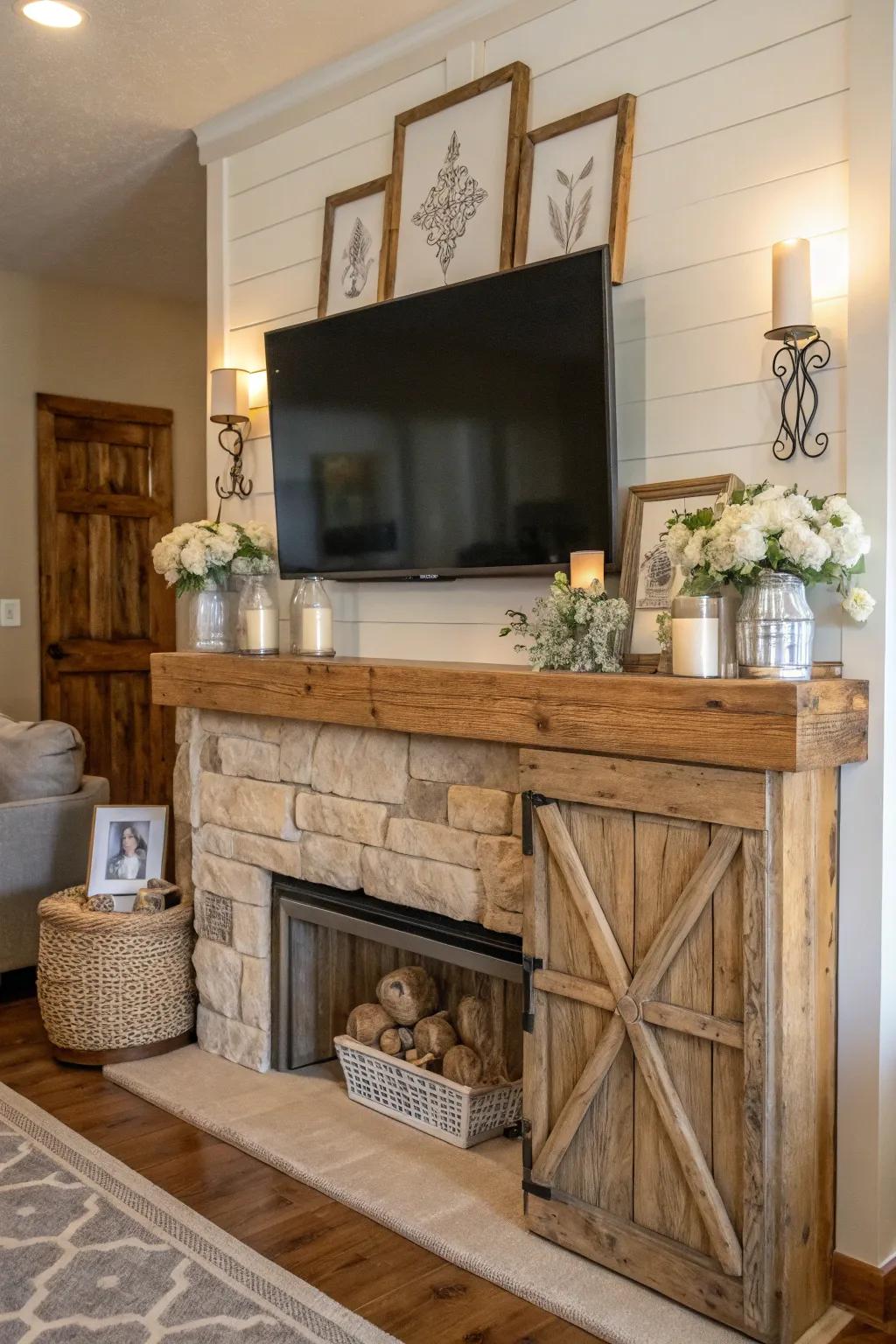 A charming combination of rustic wood accents and farmhouse decor on a mantel with TV above.