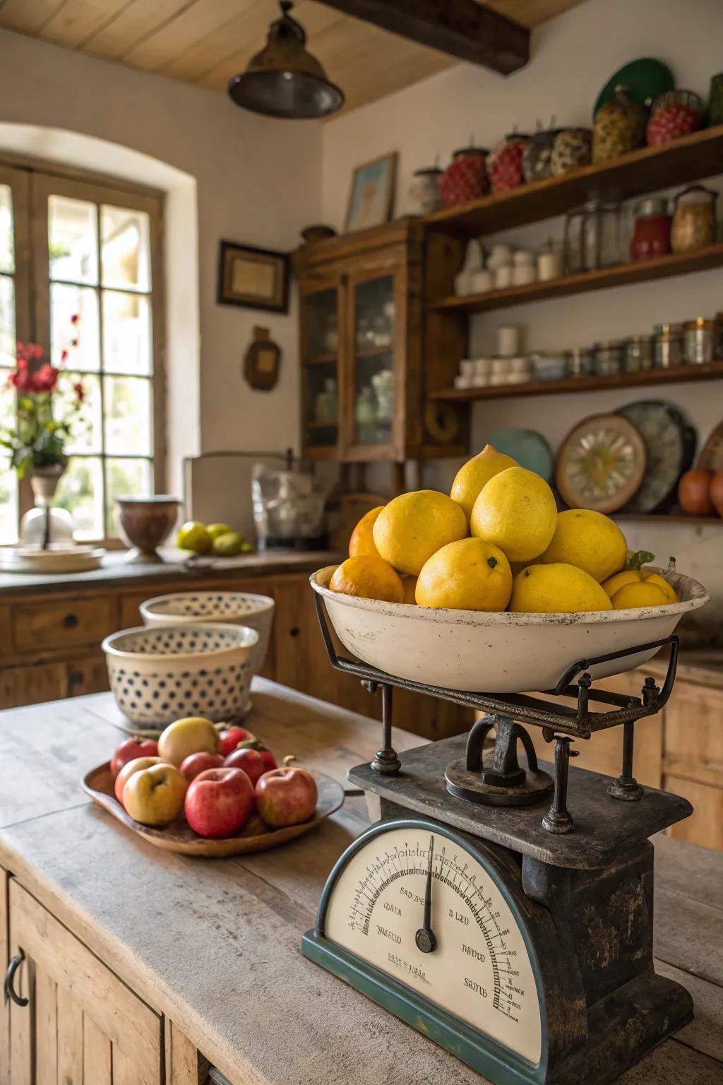 A seasonal fruit display on a vintage farmhouse scale.