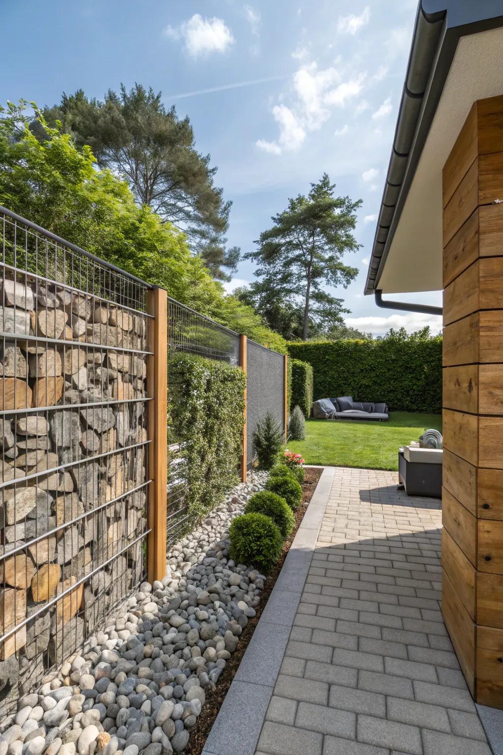Gabion walls present a down-to-earth yet chic aesthetic with natural stones.