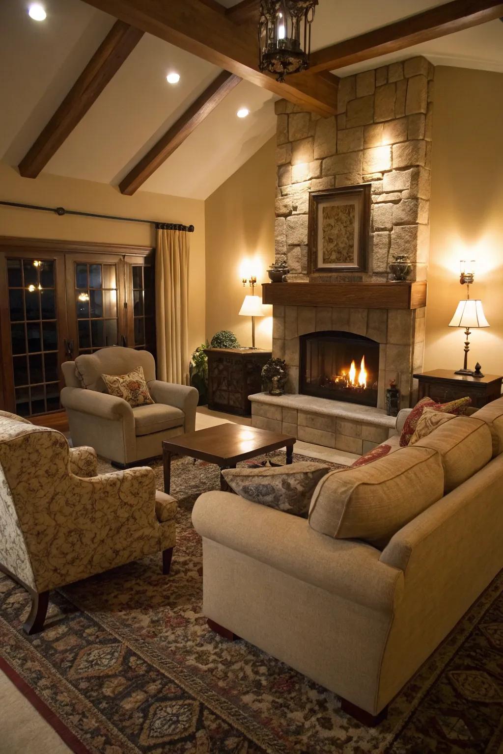 A welcoming living room arrangement featuring sofas and armchairs aligned towards the fireplace, designed for ultimate relaxation.