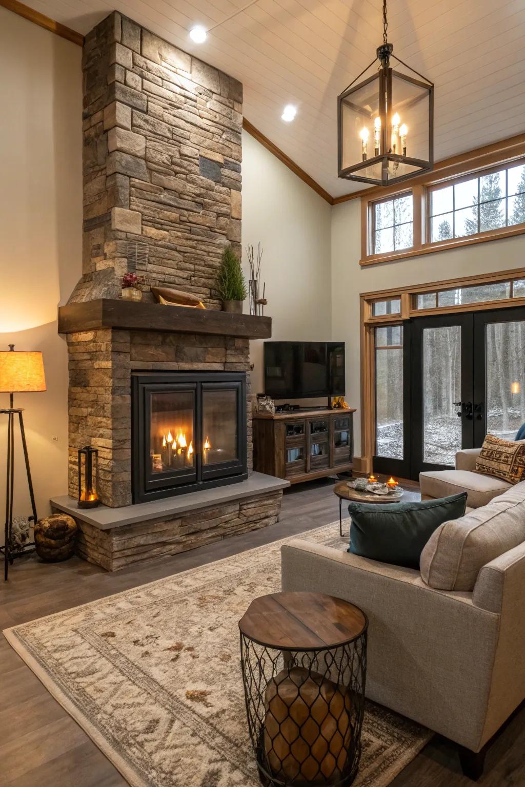 A family-friendly living area featuring a stylish, glass-encased fireplace.