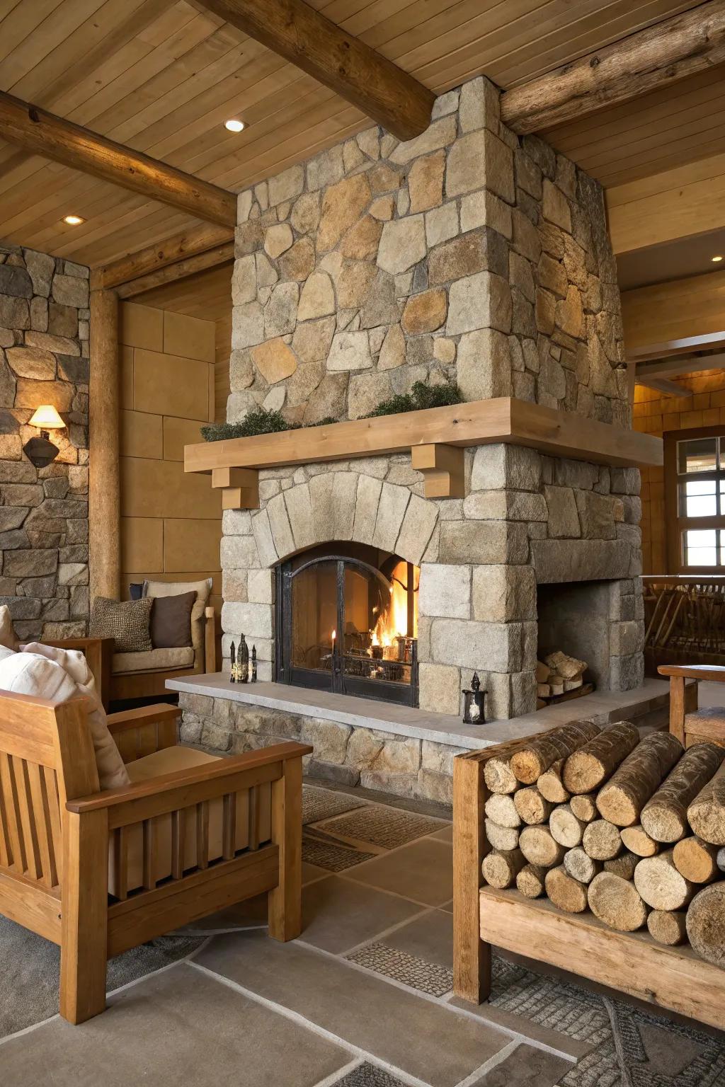 Natural stone tiles lend a rustic charm to this inviting fireplace.