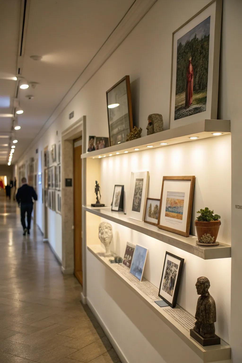 Transform your hallway into an art haven with floating shelves.