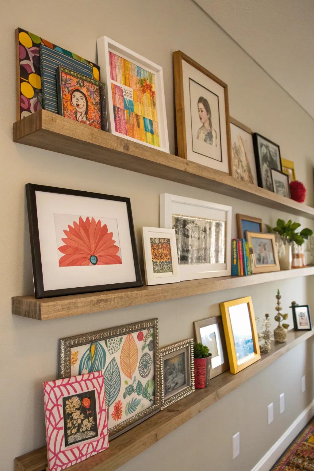 Artistic display using floating shelves for framed photos and artwork.