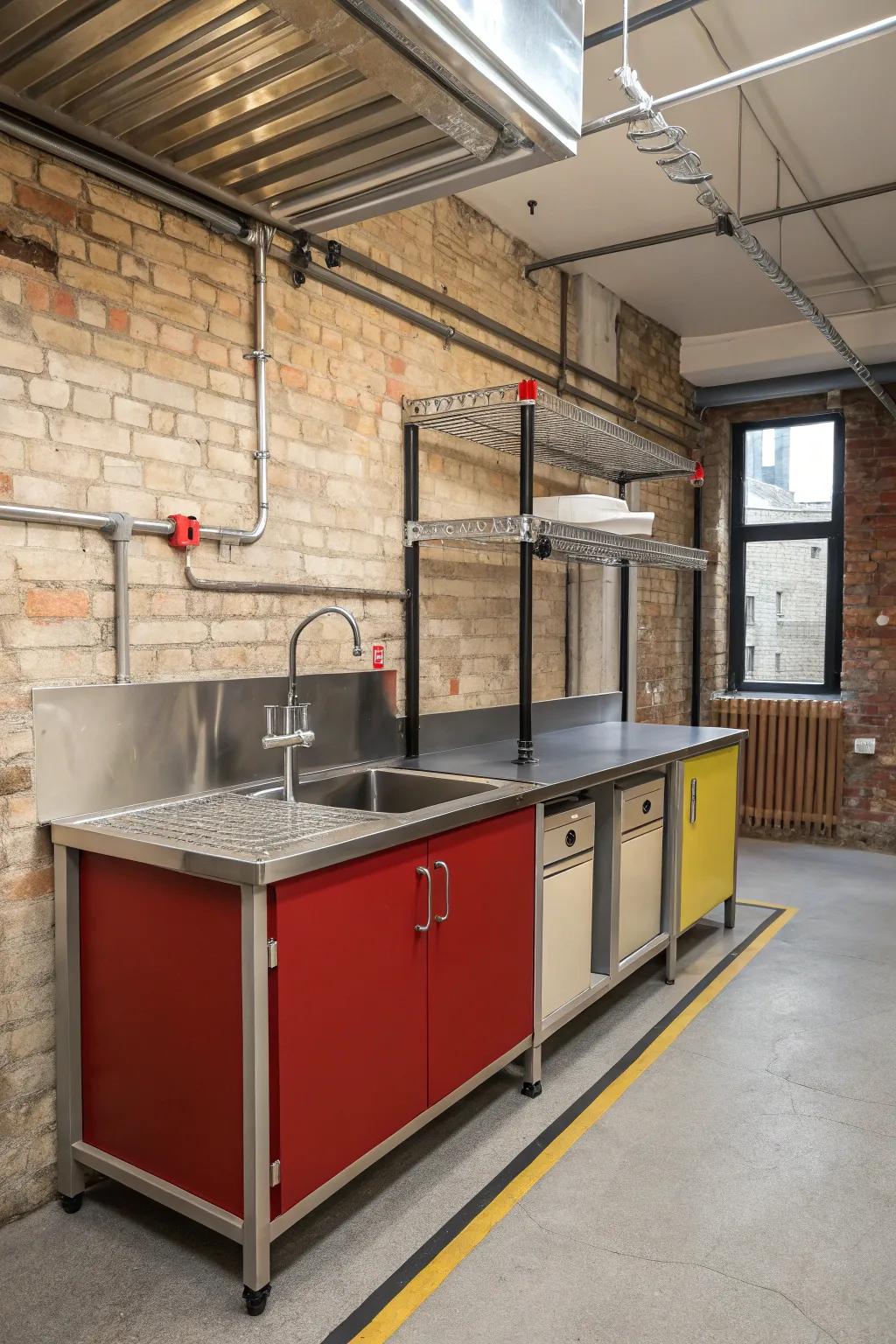 A bold industrial kitchen featuring a metal-framed free standing sink.