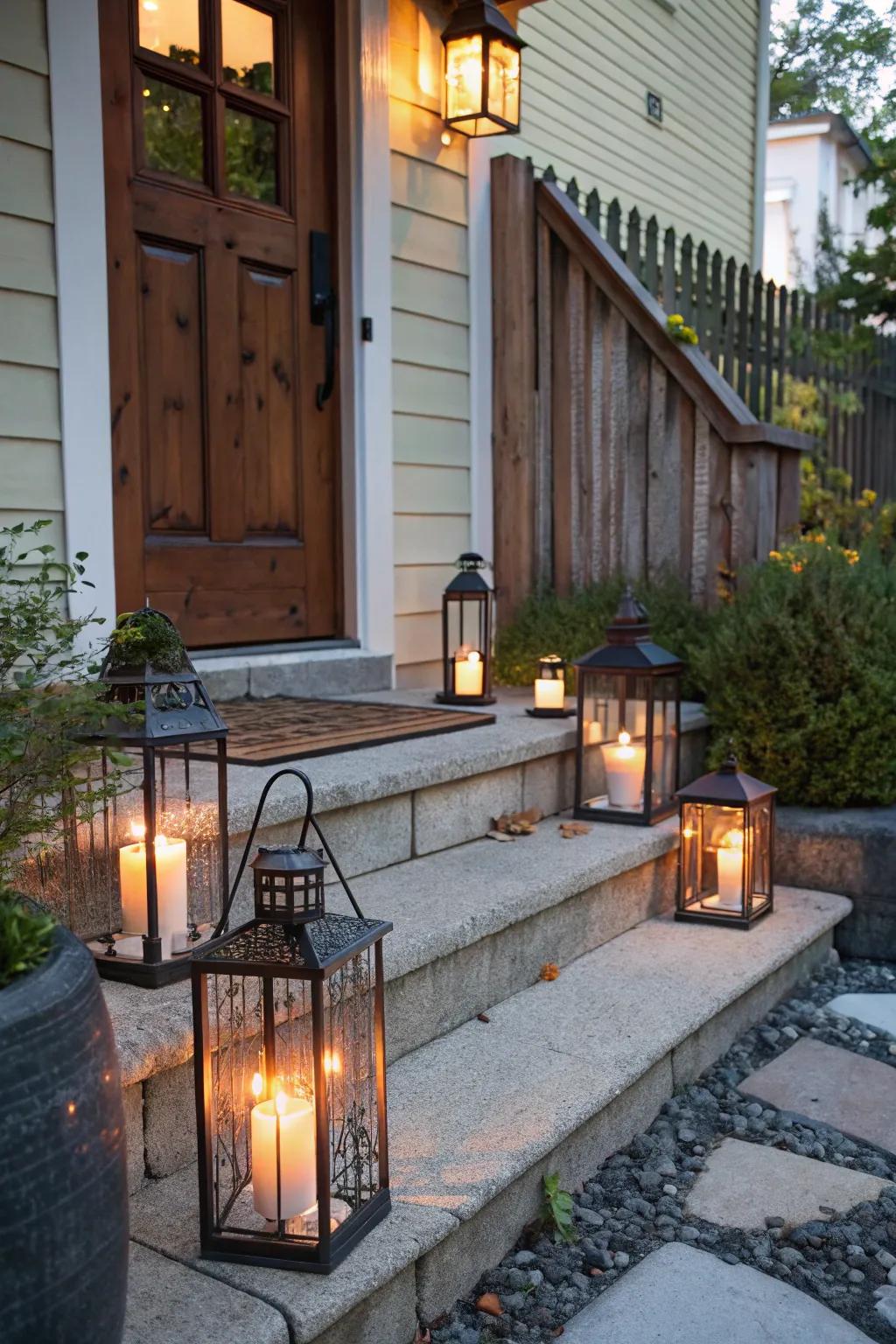 Lanterns light the way with a soft, inviting glow.