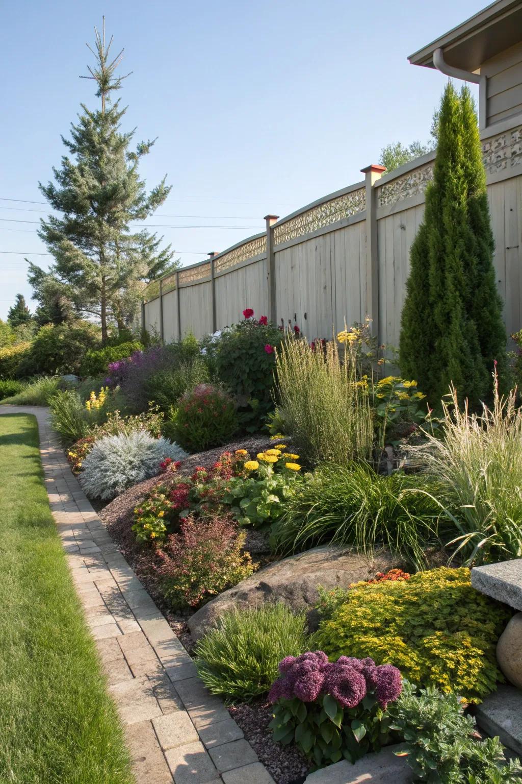 A carefully layered planting design creating depth in a corner landscape.