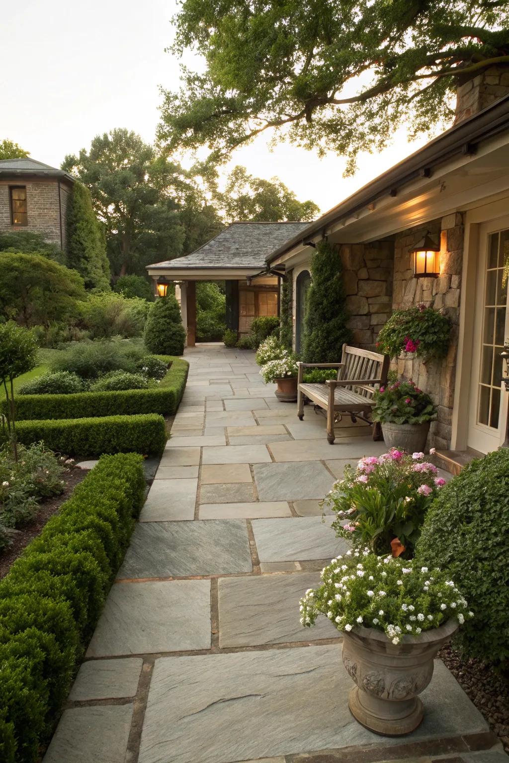 Guide guests to your front patio with an elegant stone pathway.