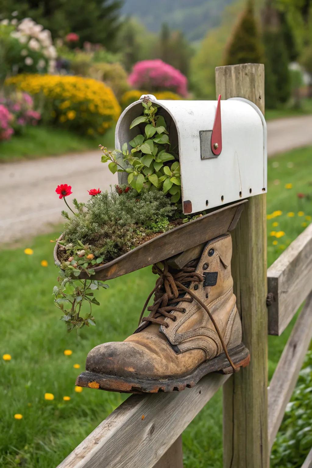 A countryside boot mailbox merging ingenuity with verdure.