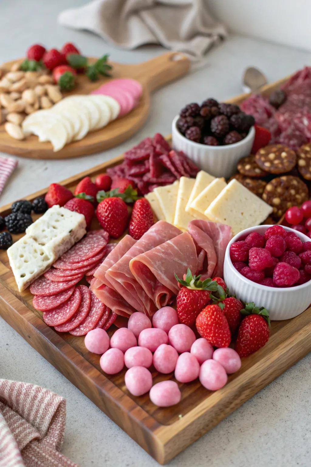 A beautifully arranged charcuterie board perfect for Galentine's Day.