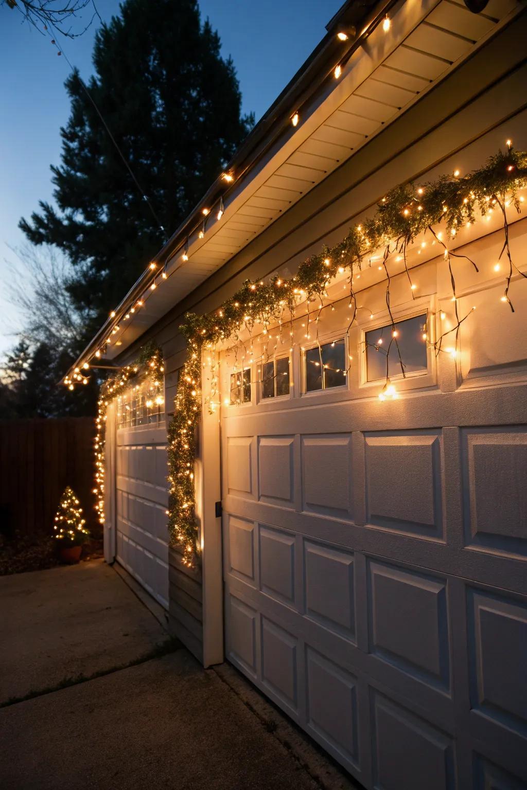 Garage door lit up with twinkling Christmas lights.