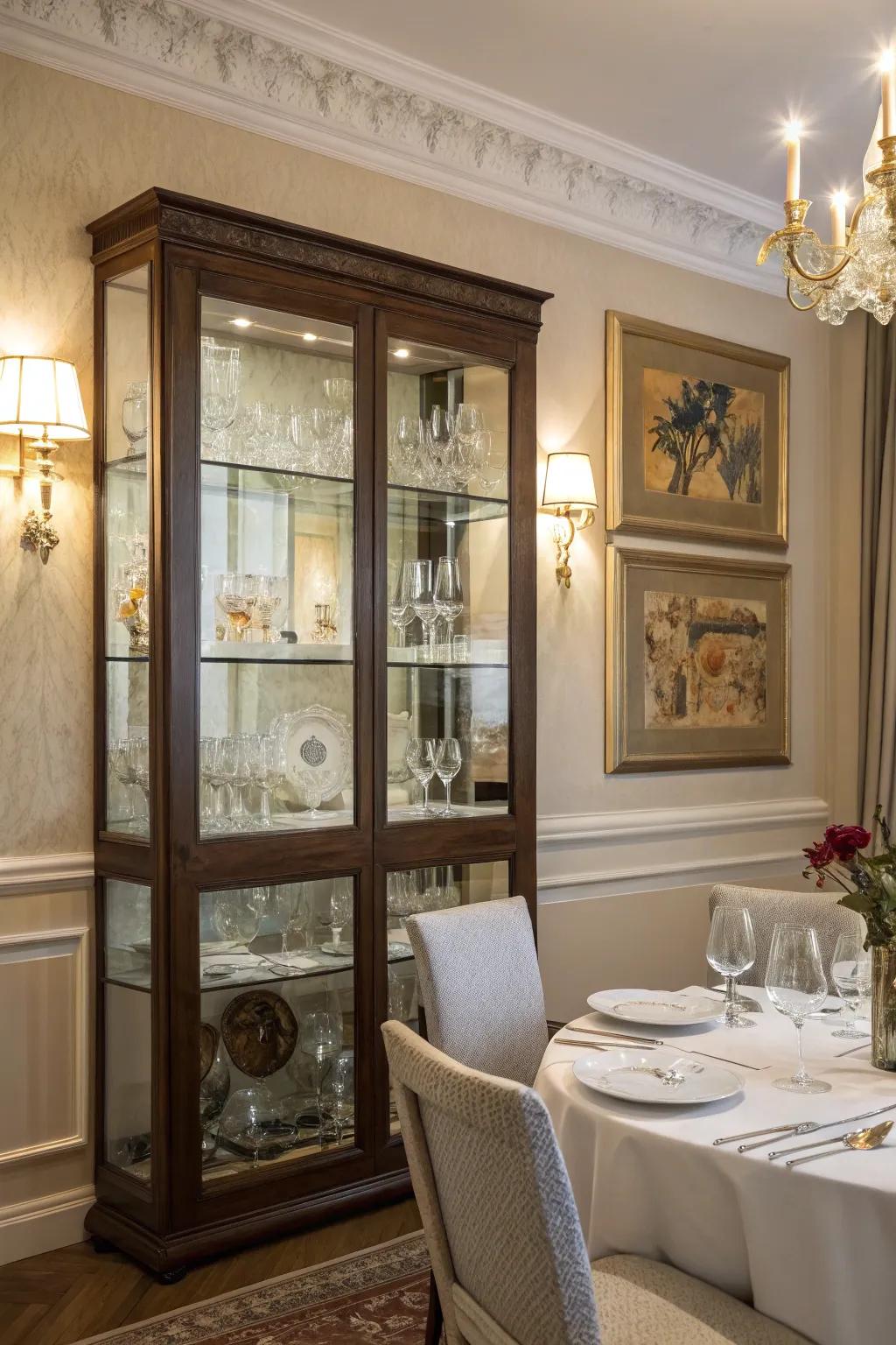 A sophisticated glass-front cabinet showcasing beautiful glassware.