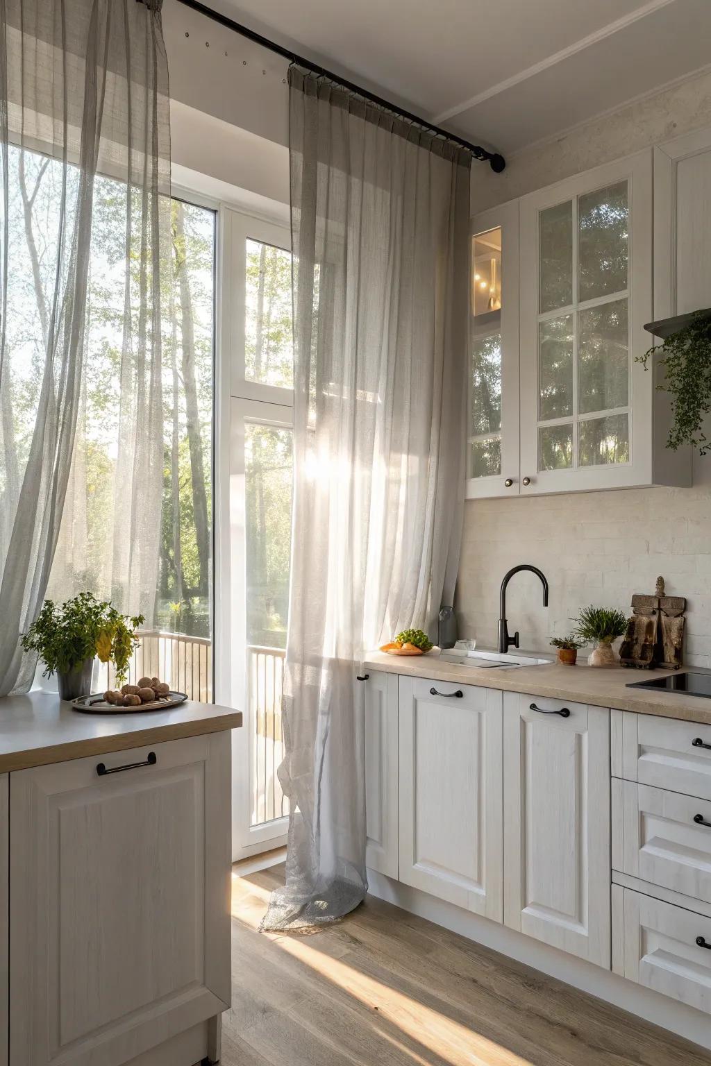 Gauzy gray curtains offer seclusion while preserving luminosity.
