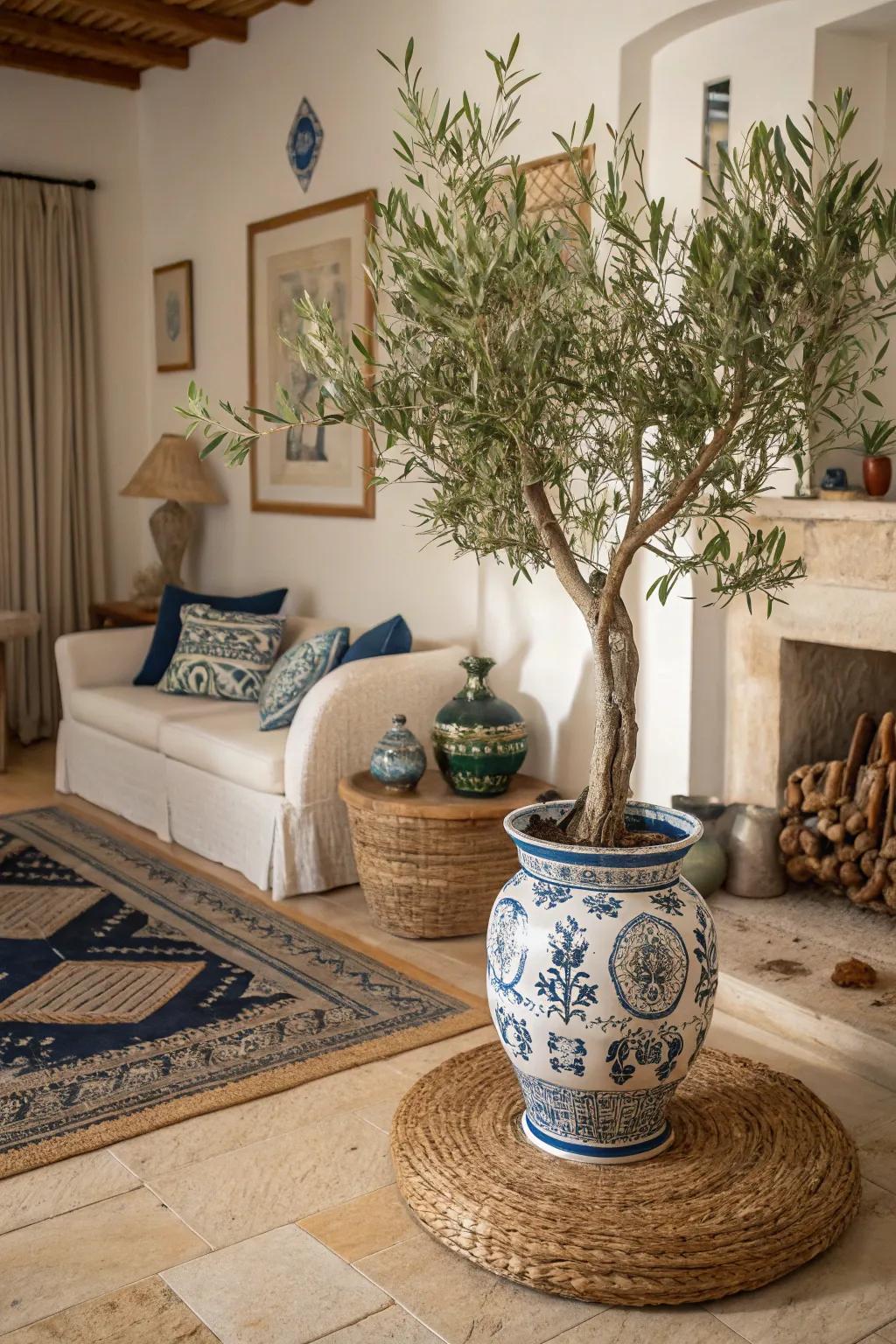 Mediterranean plants like olive trees enhance the Greek aesthetic.