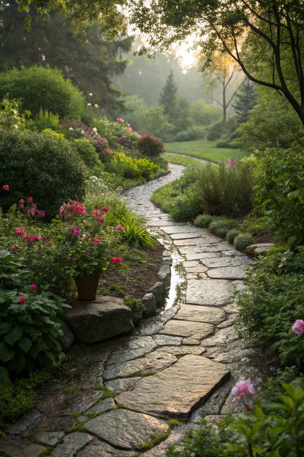 A charming permeable stone pathway, enhancing garden aesthetics and function.