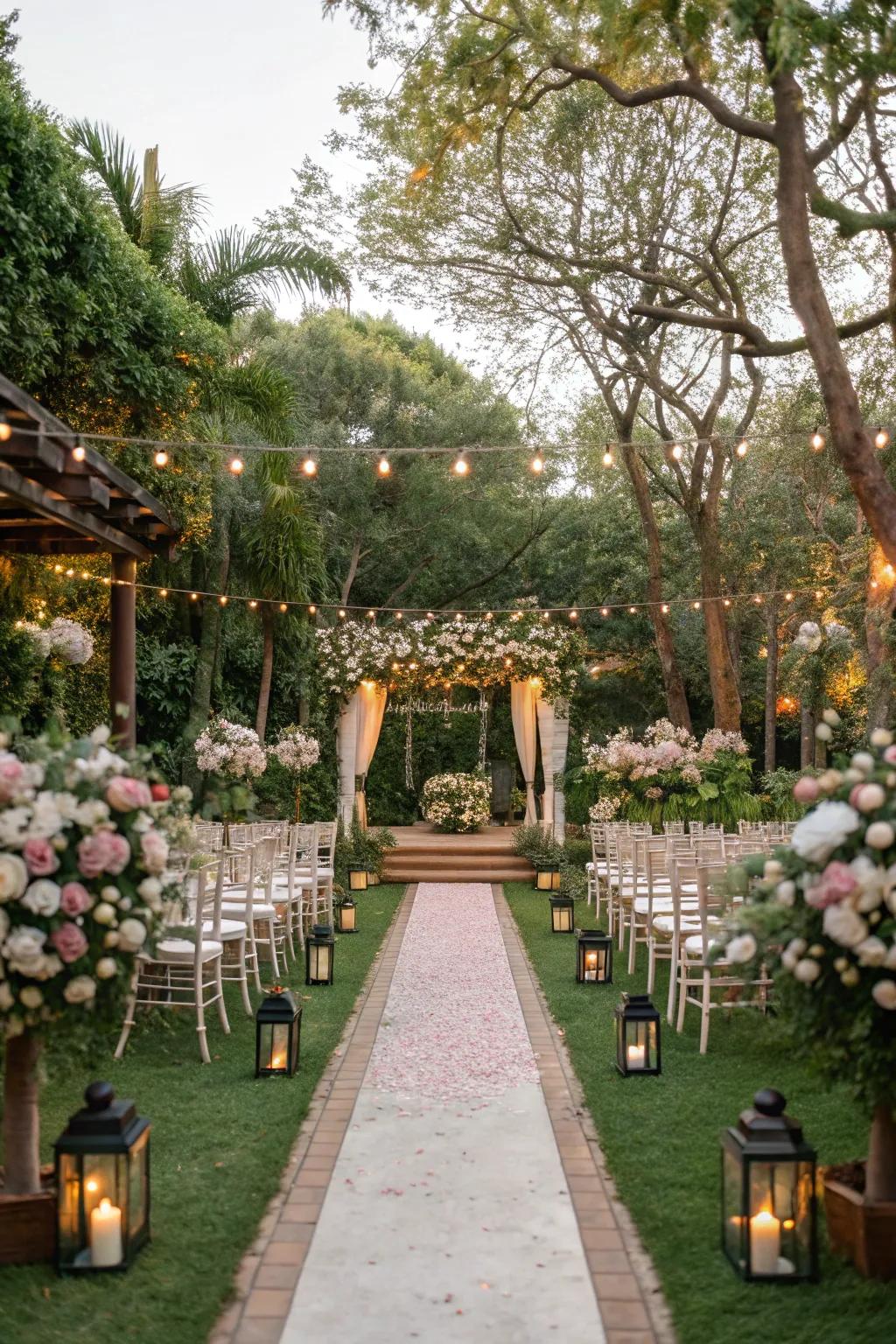 A serene garden venue that naturally enhances the wedding's beauty.