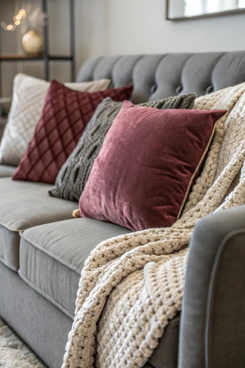 Textural layers on a grey couch create a rich visual effect.