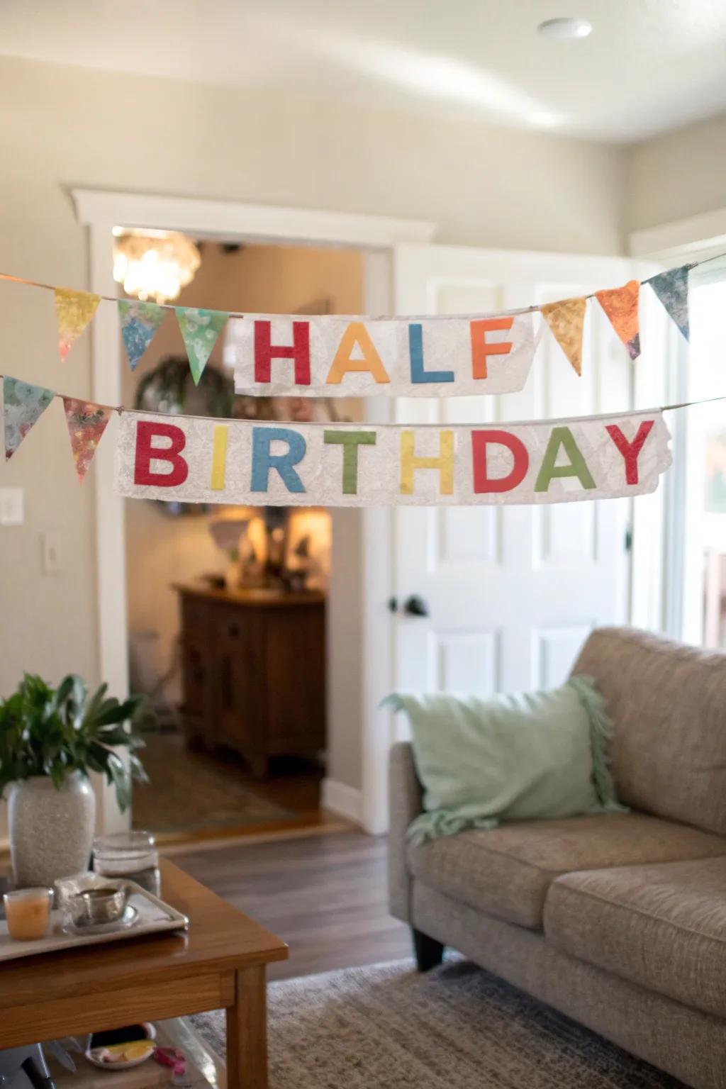 A cheerful handmade half birthday banner that adds a personal touch to the celebration.