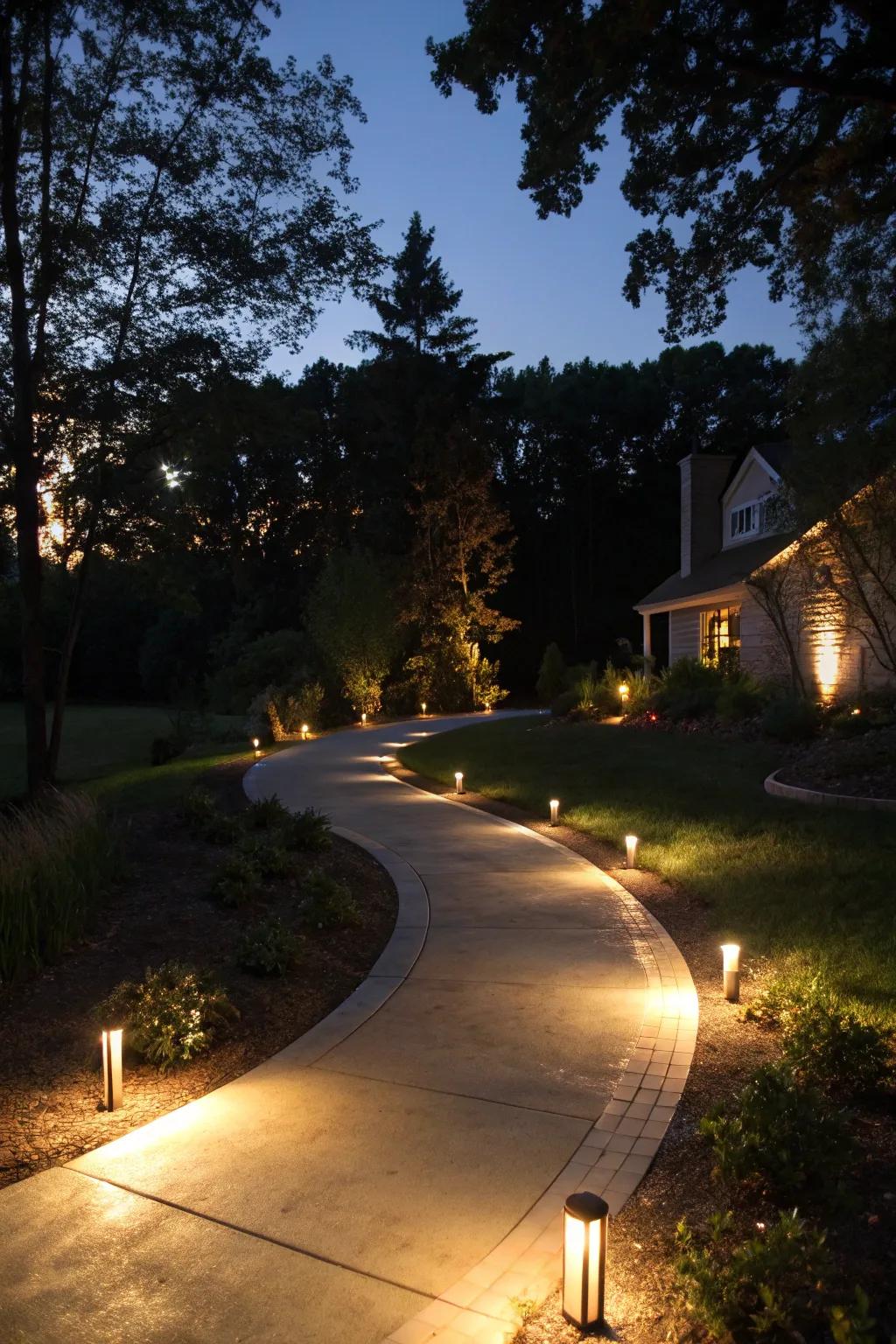 Lighting elements add drama and elegance to the driveway at night.