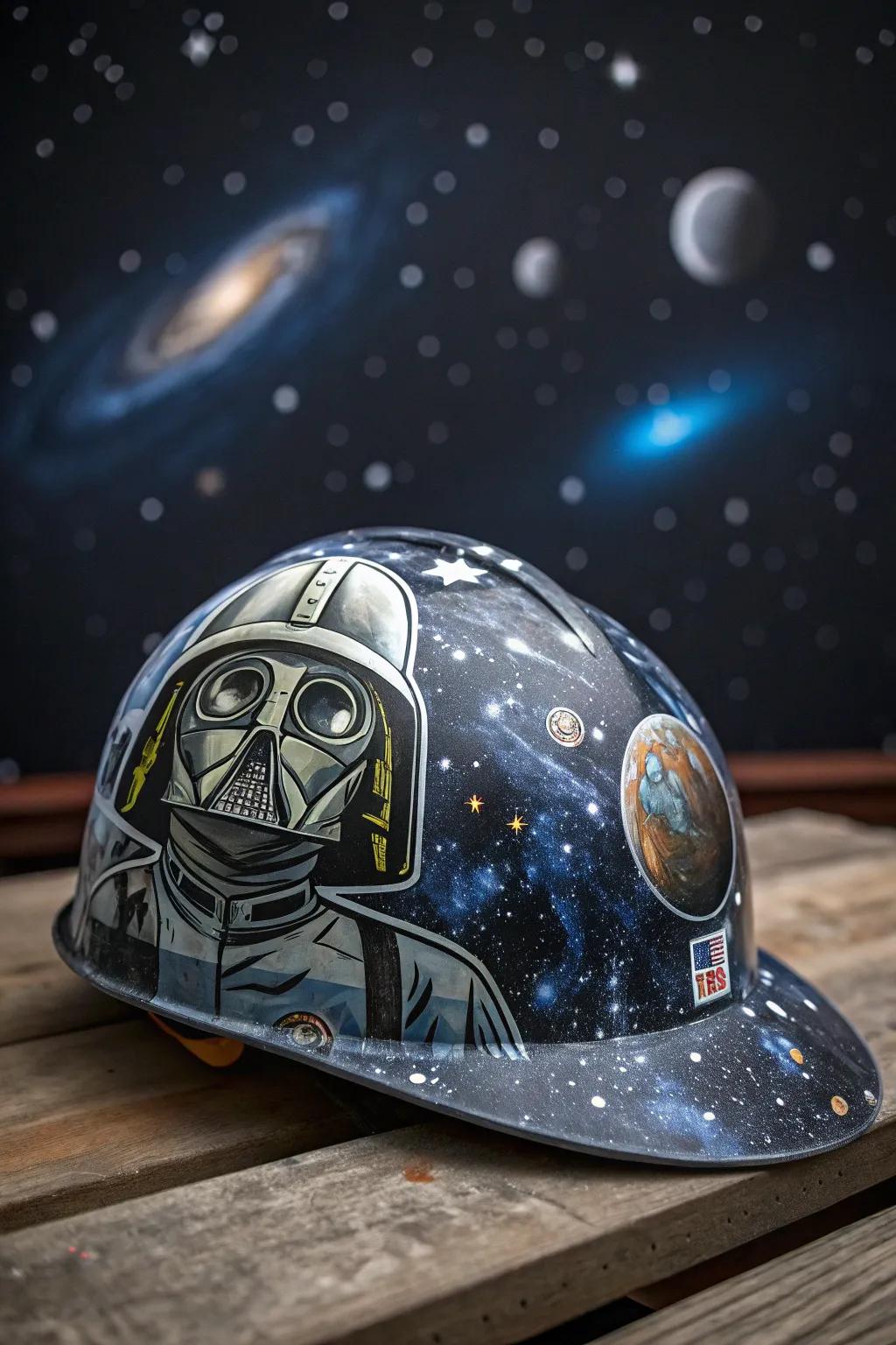 A safety helmet celebrating beloved sci-fi themes.
