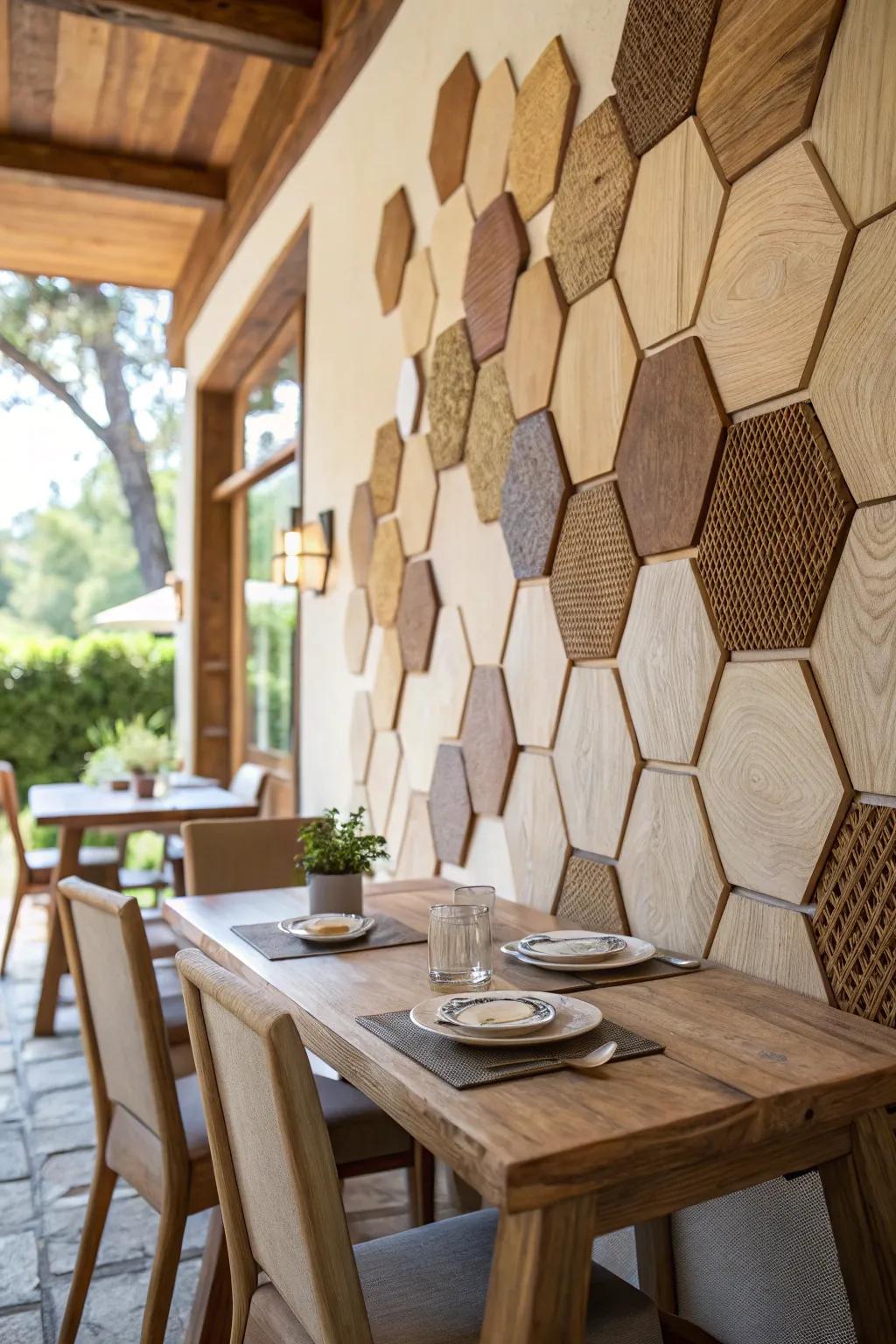 Wooden hexagons create a warm and inviting atmosphere.