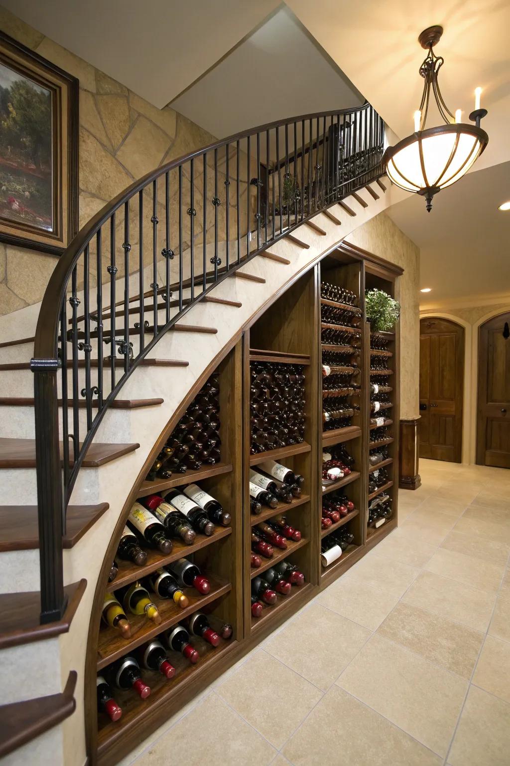 Integrated wine racks showcased with elegance beneath the staircase.