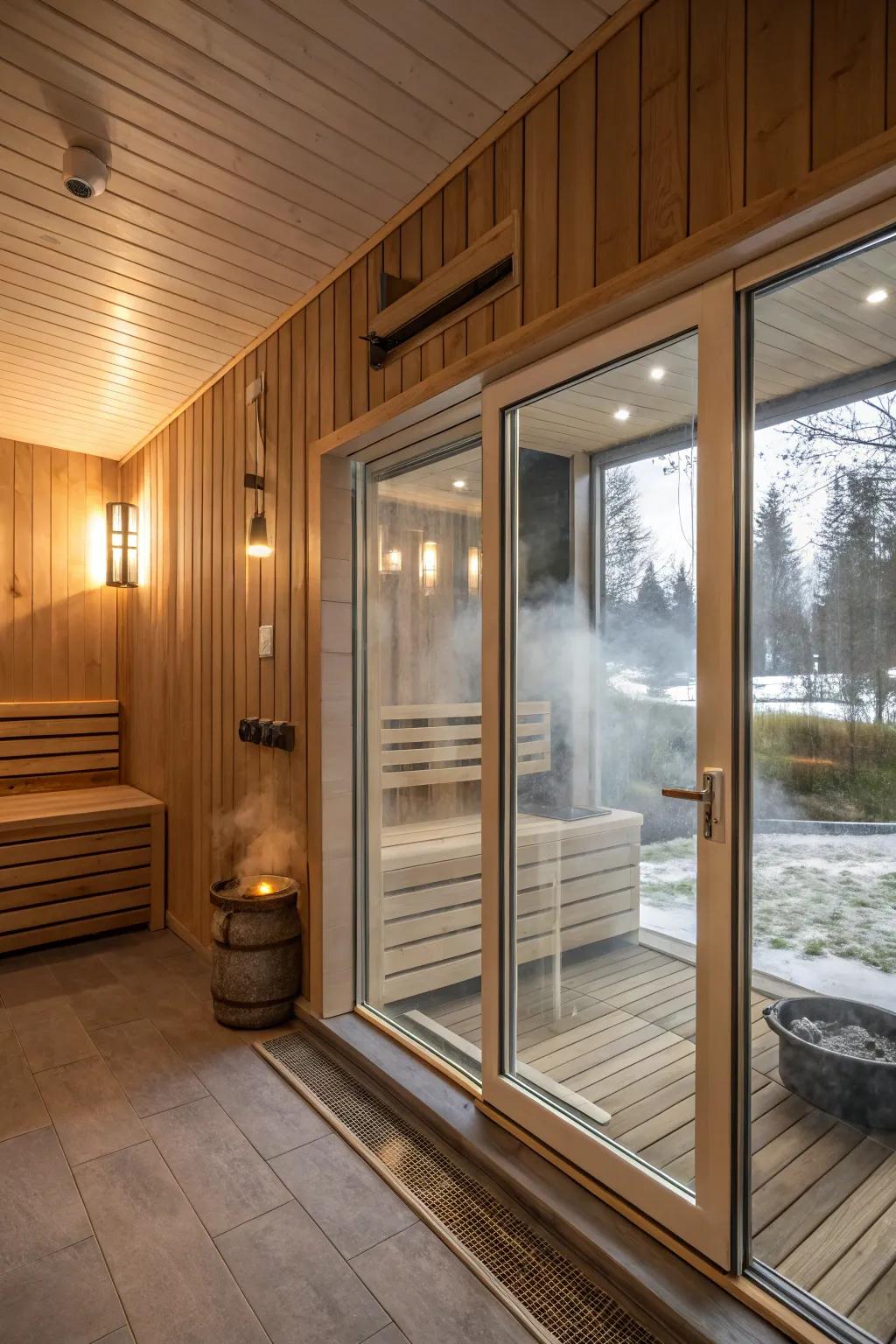 A sauna with glass doors that seamlessly integrates with the surrounding space.