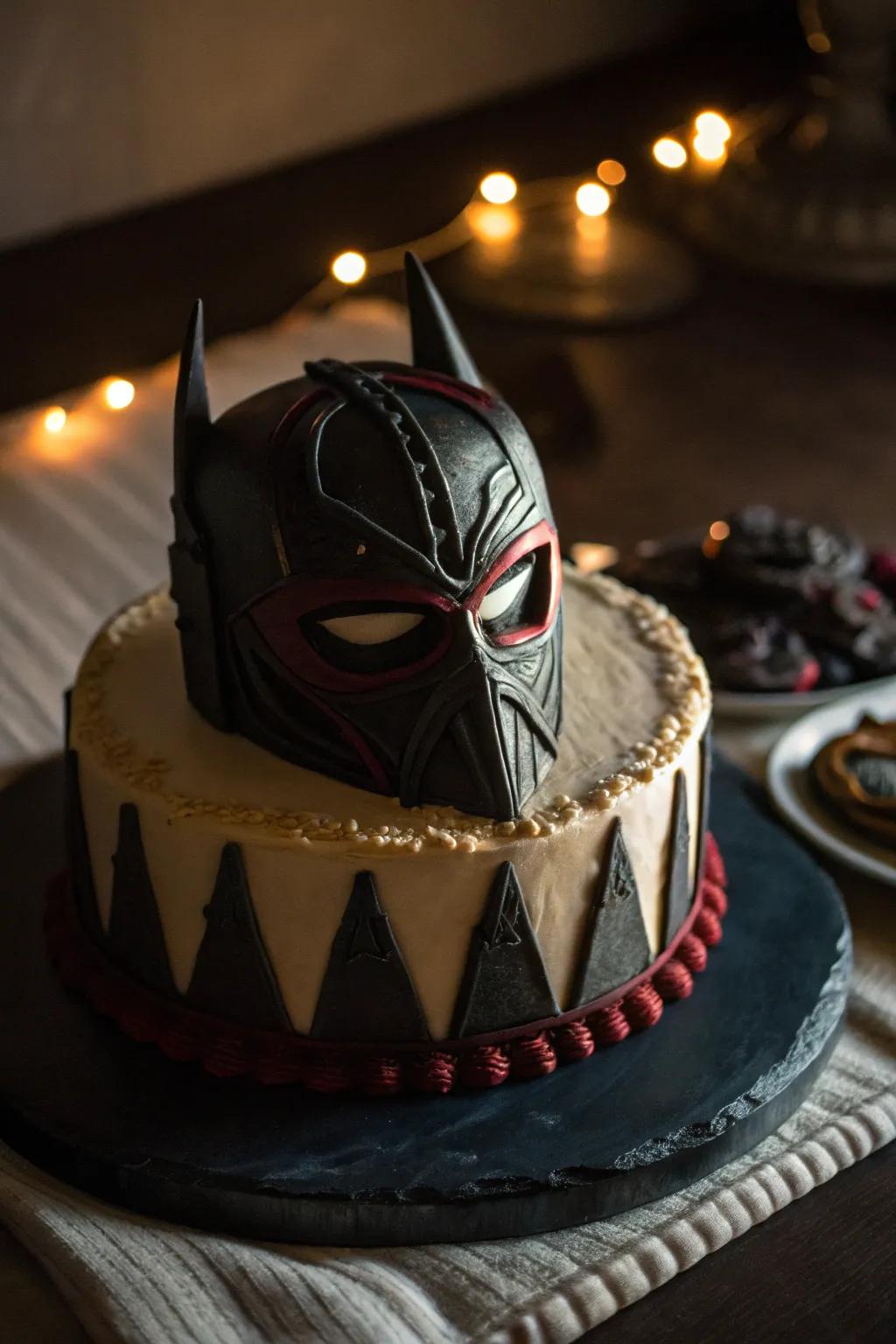 A villainous mask cake that adds an air of mystery.