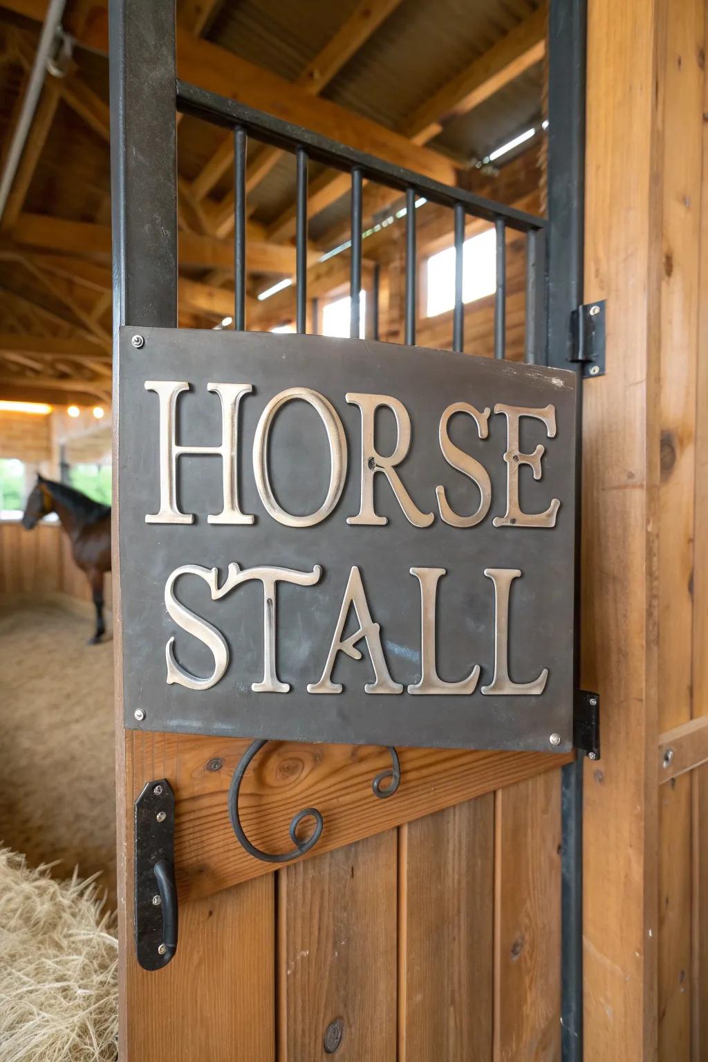 An engraved metal sign for a modern stall look.