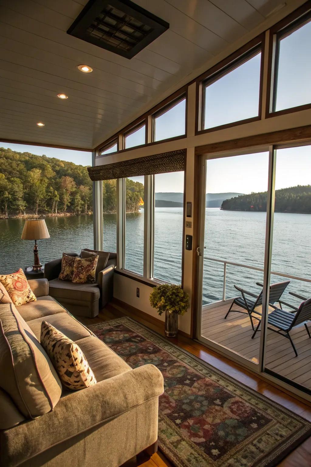 Large windows maximize light and views in this houseboat living room.