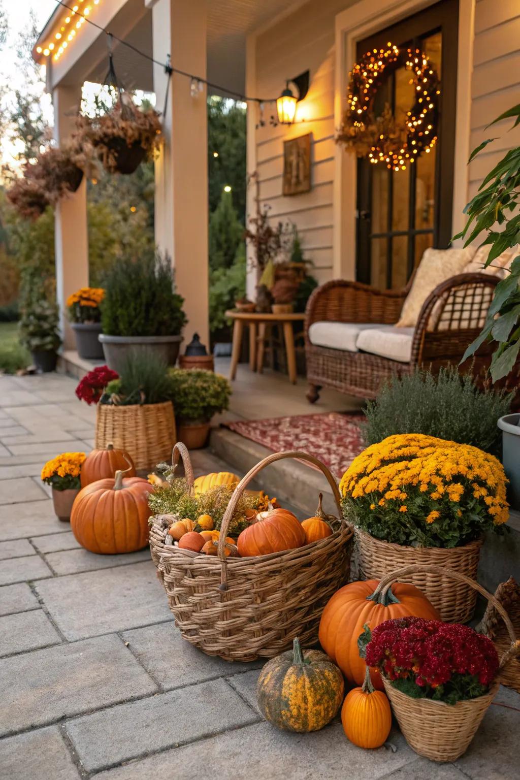 Baskets enrich open-air spots with seasonal charm.