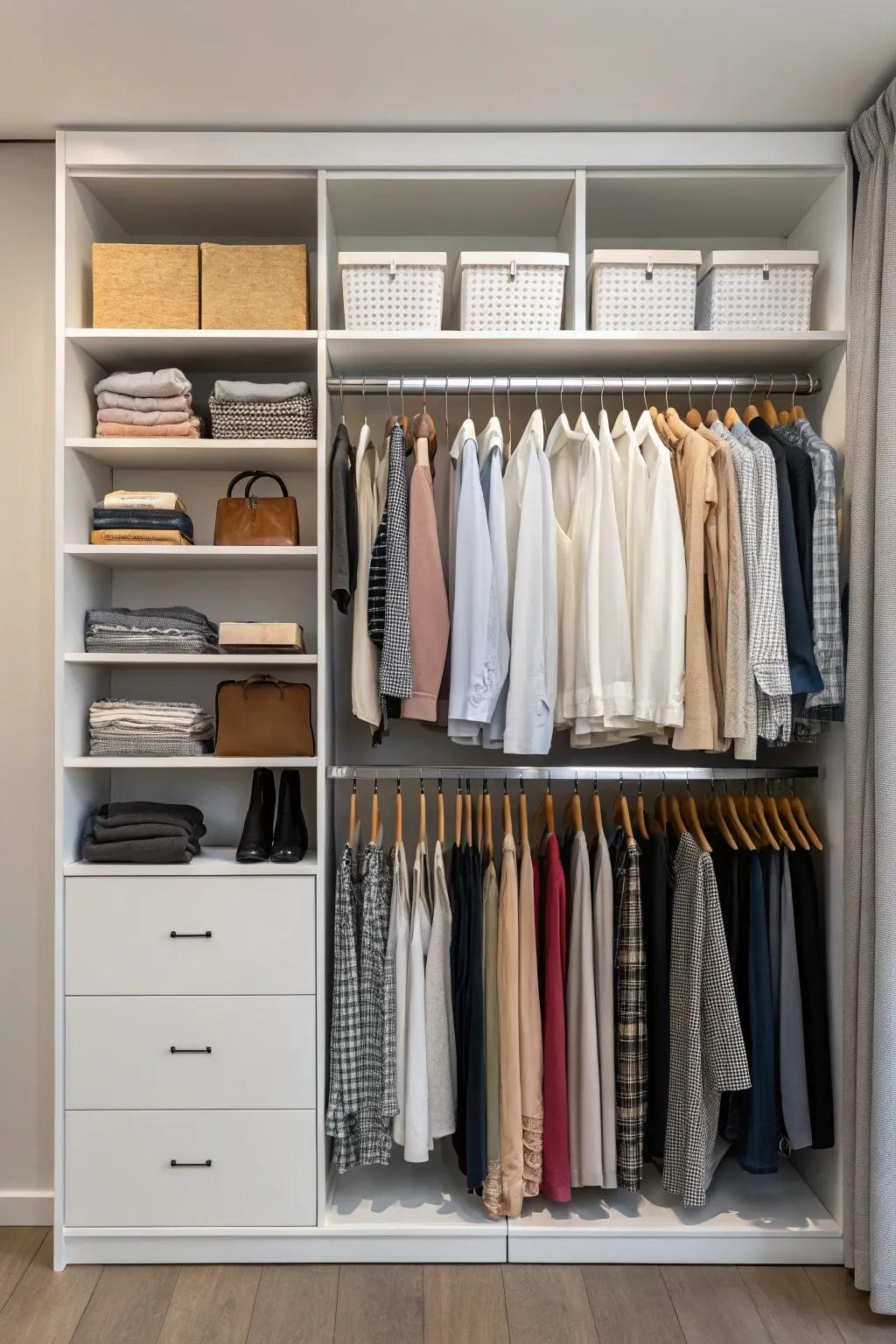 A minimalist wardrobe with neatly arranged clothing.