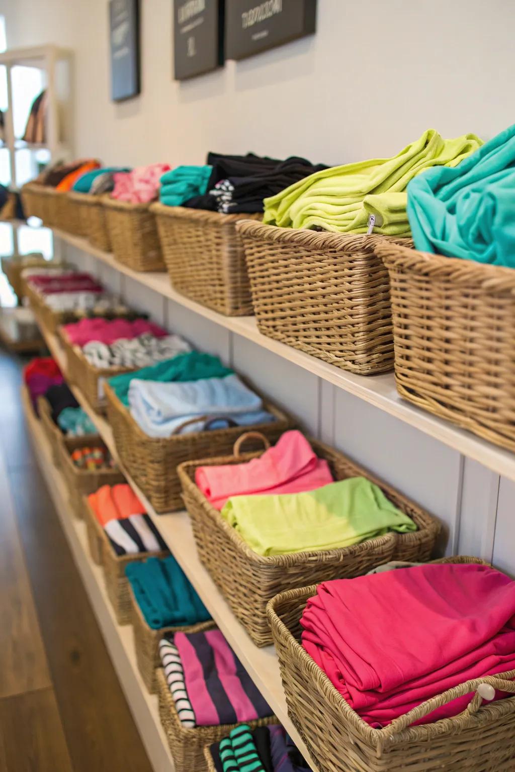 Baskets on shelves filled with neatly organized workout clothes.
